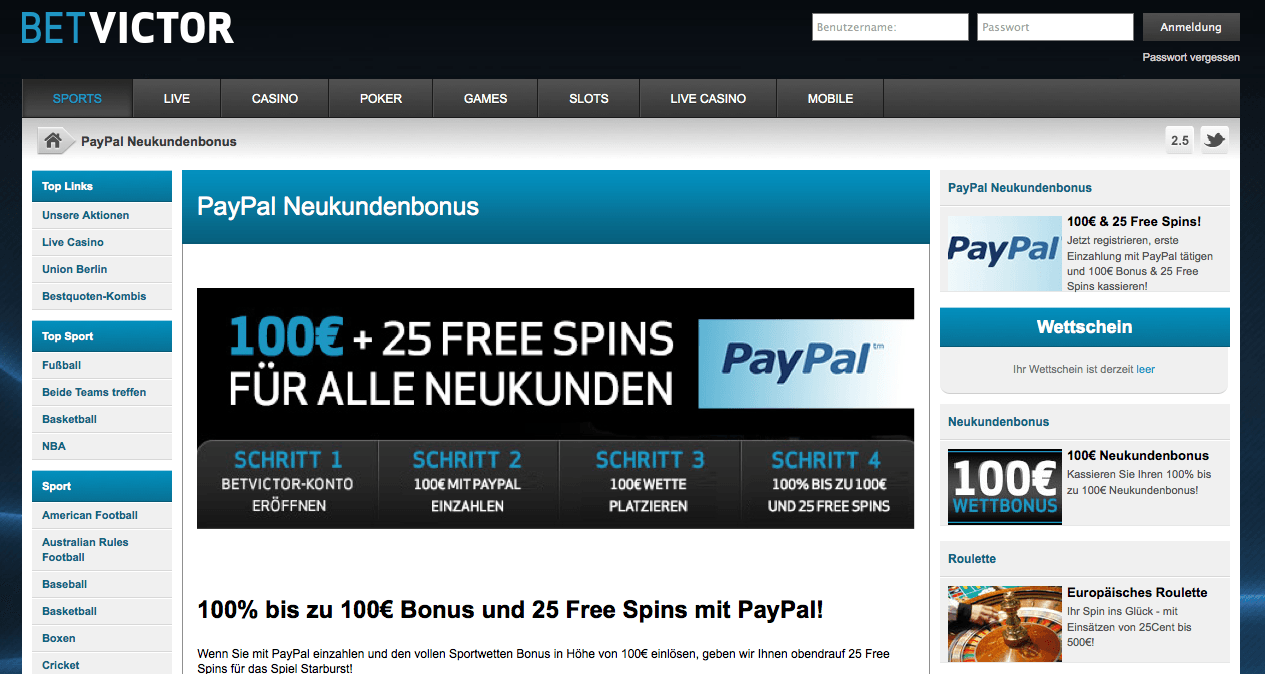 Ein und Auszahlungsoptionen bei Betvictor