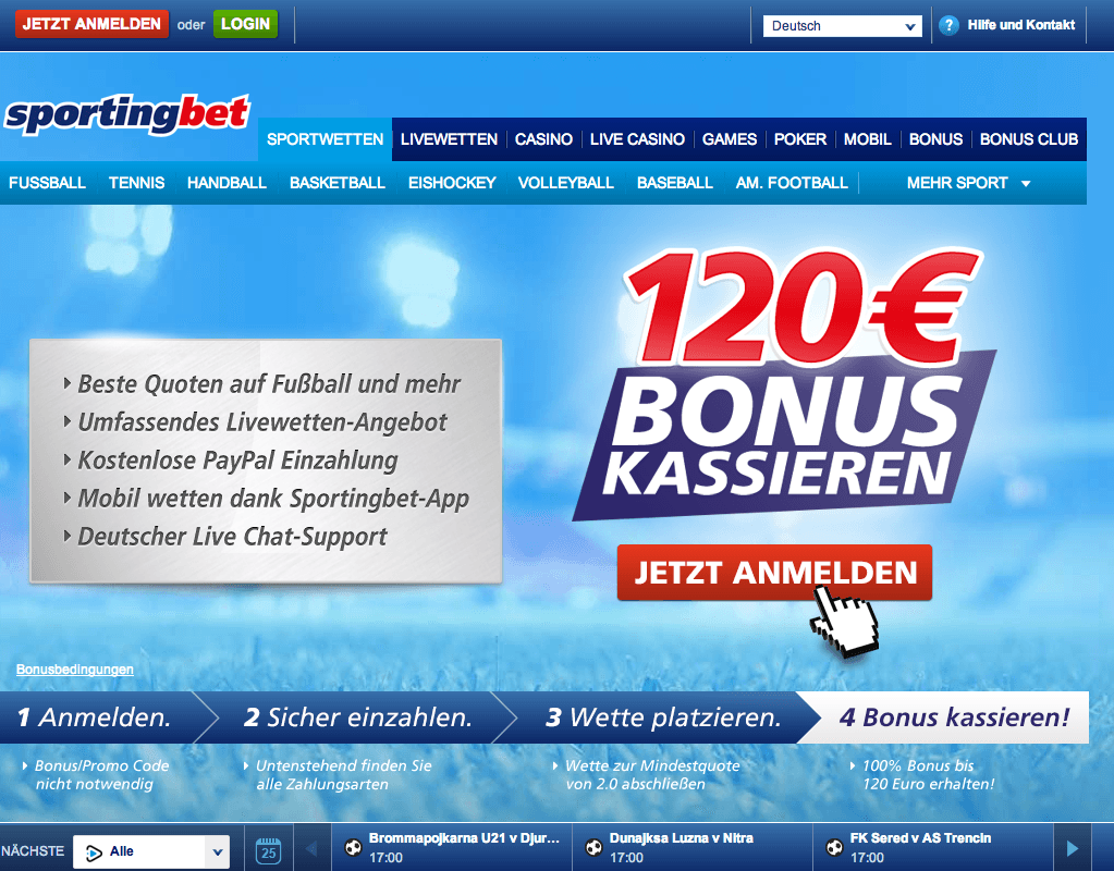 Sportingbet Ein und Auszahlungsoptionen